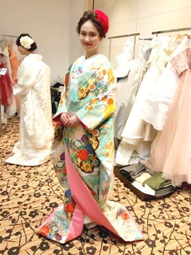 「アイテム（浴衣、グリーン系）」を使った、秦麻里子さん（レディース・170cm）の冬コーディネート