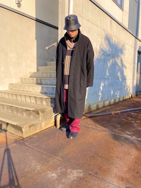 「BASISBROEK（バシスブルック）のアイテム（ステンカラーコート）」を使った、Renさん（メンズ・169cm）の冬コーディネート