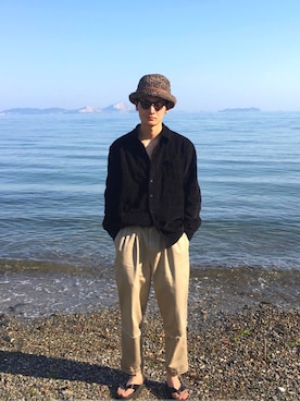 「SUNSEA（サンシー）のアイテム（帽子）」を使った、こーへーさん（メンズ・180cm）の夏コーディネート