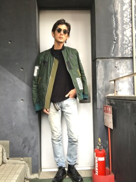 「MIHARAYASUHIRO（ミハラヤスヒロ）のアイテム（ブルゾン）」を使った、Labyrinth西尾さん（メンズ・177cm）の秋コーディネート