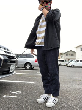 「adidas（アディダス）の《メルマガ掲載》adidas アディダス SUPERSTAR スーパースター C77124 15SS WHT/CBK/WHT         （スニーカー、ホワイト系）」を使った、スケさん＊さん（メンズ・172cm）の春コーディネート