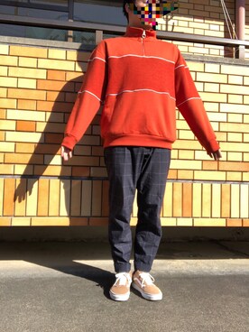 「niko and...（ニコアンド）の切り替えハーフジッププルオーバー（スウェット、オレンジ系）」を使った、スケさん＊さん（メンズ・172cm）の冬コーディネート