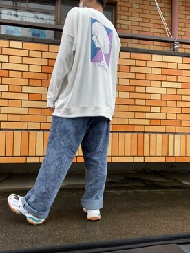 「MONO-MART（モノマート）のシルケットライク天竺 オーバーサイズイラストプリントL/Sカットソー/バックプリント（Tシャツ/カットソー）」を使った、スケさん＊さん（メンズ・172cm）の秋コーディネート