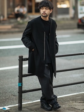 「ATTACHMENT（アタッチメント）のアイテム（ノーカラーコート）」を使った、SHUさん（メンズ・170cm）の秋コーディネート