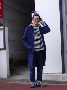 「ブルーコーデ」｜「アイテム（ステンカラーコート）」を使った、matsu_no_motoさん（メンズ・176cm）の冬コーディネート