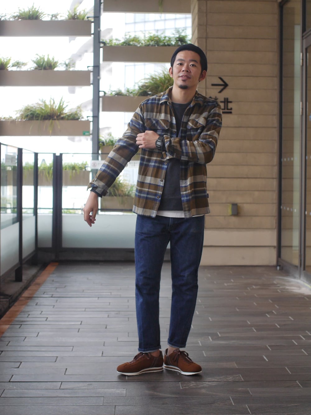 「チェックシャツ、ネルシャツ、秋コーデ、アメカジ、スウェット、デニムパンツ、ニット帽、Patrick、スエードシューズ」｜「patagoniaのアイテム（シャツ/ブラウス、ベージュ系）」を使った、matsu_no_motoさん（メンズ・175cm）の秋コーディネートの1枚目の写真
