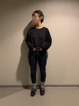 「UNIQLO（ユニクロ）のコットンリラックスフィットクルーネックT（長袖）（Tシャツ/カットソー、ブラック系）」を使った、ay🧸さん（レディース）の秋コーディネート