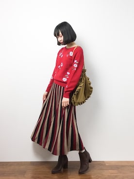 「Kastane（カスタネ）のマルチストライプニットスカート（スカート）」を使った、hinaさん（レディース・163cm）の冬コーディネート
