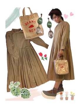 「BEAMS BOY（ビームスボーイ）のアイテム（バッグ、ベージュ系）」を使った、YUKIさん（レディース・163cm）の秋コーディネート