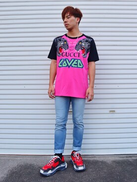 Gucci グッチ のtシャツ カットソー ピンク系 を使ったメンズ人気ファッションコーディネート Wear