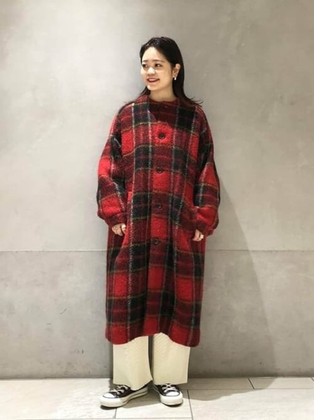 BEAMS BOY スライバー オレンジ タータンチェック ノーカラーコート