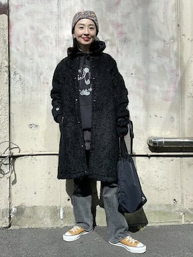 「オールブラック」｜「アイテム（ノーカラーコート）」を使った、BEAMS BOYさん（レディース・151cm）の秋コーディネート