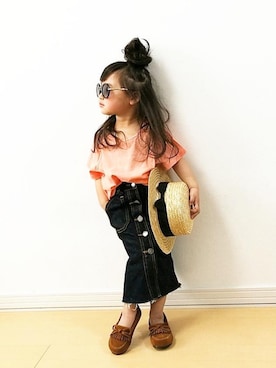 「麦わら帽子」｜「アイテム（モカシン/デッキシューズ）」を使った、otoさん（キッズ・90cm）の夏コーディネート