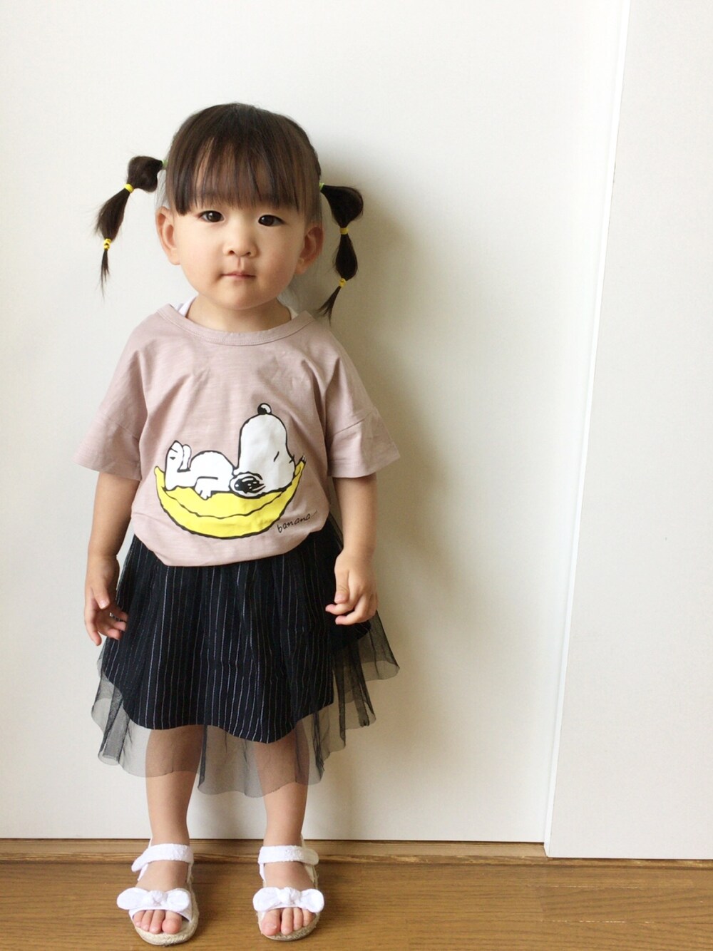 「1歳、女の子、スヌーピー、韓国子供服、チュールスカート、OLIVE des OLIVE、キッズコーデ、キッズファッション、H&M」｜「韓国子供服のアイテム（Tシャツ/カットソー、その他）」を使った、さーちゃんさん（キッズ・90cm）の夏コーディネートの1枚目の写真