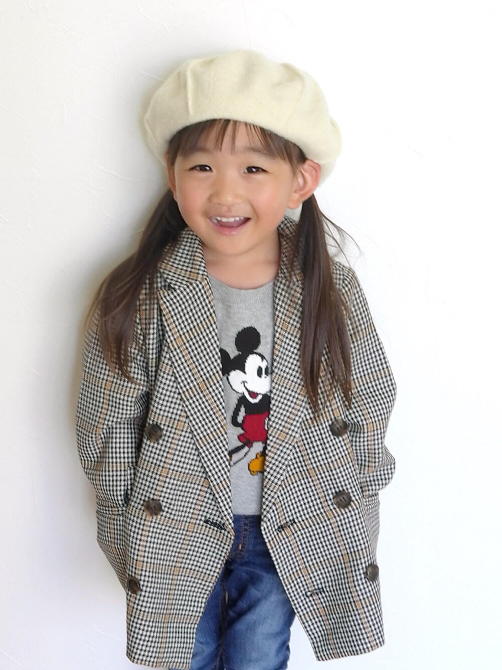 「3歳、女の子、韓国子供服、プティマイン、petitmain、グレンチェック、秋コーデ、UNIQLO、b・Room、キッズコーデ」｜「b・ROOMのスーパースキニーストレッチデニム（デニムパンツ、ブルー系）」を使った、さーちゃんさん（キッズ・100cm）の秋コーディネートの1枚目の写真