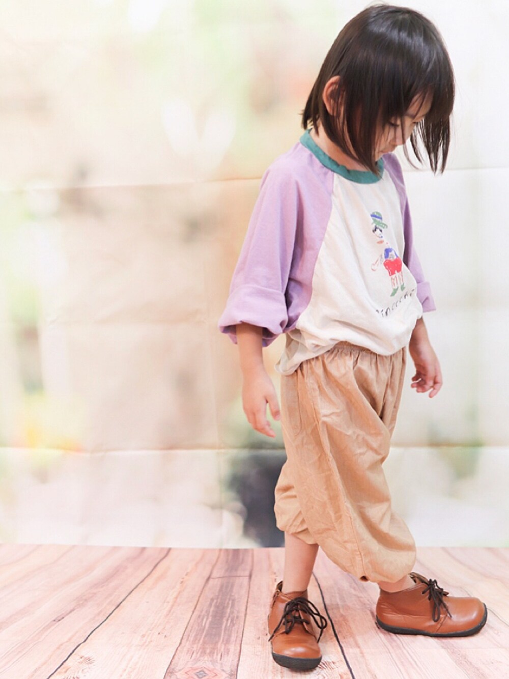 「キッズコーデ、キッズファッション、韓国子供服、ピノキオ、可愛い」｜「韓国子供服のアイテム（トップス、パープル系）」を使った、さーちゃんさん（キッズ・100cm）の夏コーディネートの1枚目の写真