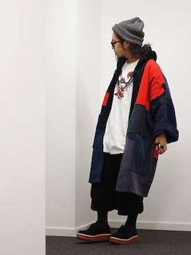 「FACETASM」｜「アイテム（チェスターコート）」を使った、higeさん（メンズ・165cm）の冬コーディネート