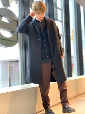 「koe（コエ）のアイテム（チェスターコート）」を使った、Kazumaさん（メンズ・172cm）の冬コーディネート