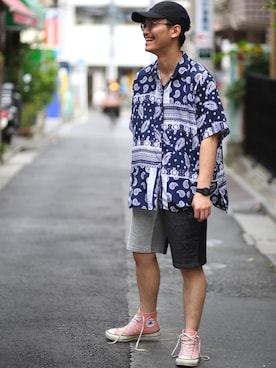 「gym master（ジムマスター）のアイテム（帽子）」を使った、YOSHIさん（メンズ・168cm）の夏コーディネート