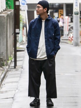 YOSHIさんの「ストレッチヘリンボーン スナップボタン シャツジャケット」を使ったコーディネート