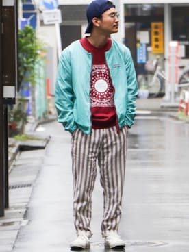 「アイテム（ノーカラージャケット、レッド系）」を使った、YOSHIさん（メンズ・168cm）の秋コーディネート