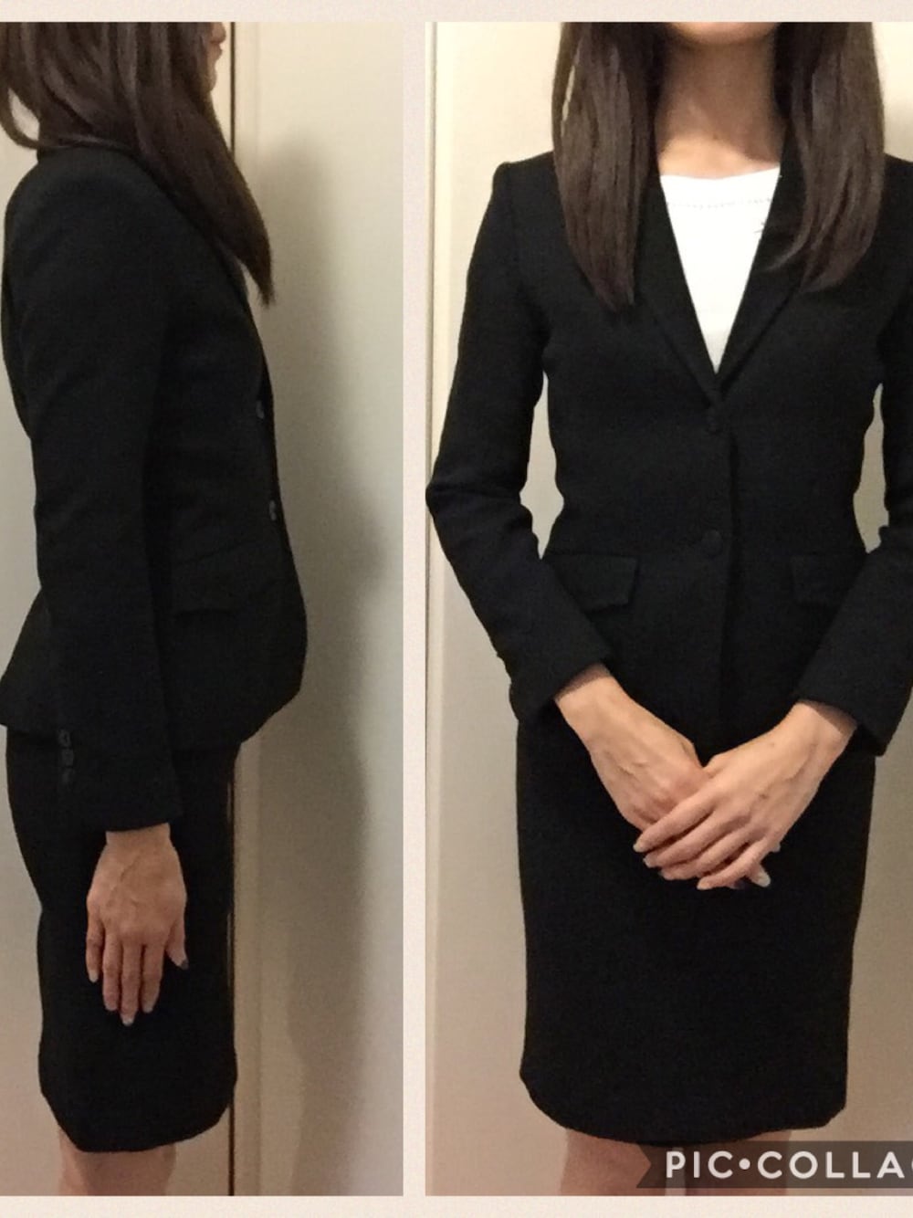 ブラック系のスーツスカートを着用したレディースの冬コーディネートの1枚目の写真