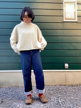 「MERLOT（メルロー）のハイネックバルーンスリーブニットトップス1000/079-7179（ニット/セーター）」を使った、Noahさん（レディース・160cm）の秋コーディネート