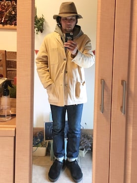 「STEVENSON OVERALL CO.（スティーブンソンオーバーオール）のアイテム（デニムパンツ）」を使った、tomolexさん（メンズ・172cm）の冬コーディネート