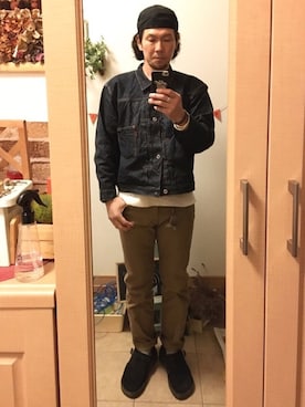 「STEVENSON OVERALL CO.（スティーブンソンオーバーオール）のアイテム（キャップ）」を使った、tomolexさん（メンズ・172cm）の冬コーディネート