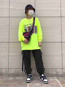 「KaneZ（ケインズ）のKaneZ/ケインズ/デニムバケットハット/AllSeeing EyeHat（ハット、ブラック系）」を使った、オダジマ ミユキ【LHP WOMEN】さん（レディース・160cm）の春コーディネート