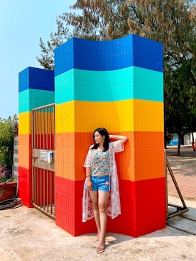 「アイテム（チューブトップ、ブルー系）」を使った、Anni 🇹🇼さん（レディース・158cm）の春コーディネート