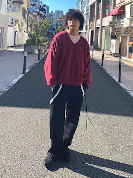 「ジャージーパンツ」｜「アイテム（スウェット）」を使った、上野一稀さん（メンズ・173cm）の秋コーディネート