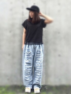 「HARE（ハレ）のレースキャミソールコンビネゾン(HARE)（サロペット/オーバーオール）」を使った、ニシマルさん（レディース・157cm）の夏コーディネート