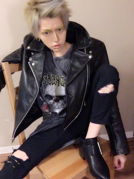 「ロックT」｜「アイテム（ライダースジャケット）」を使った、うにさんさん（レディース・158cm）の春コーディネート