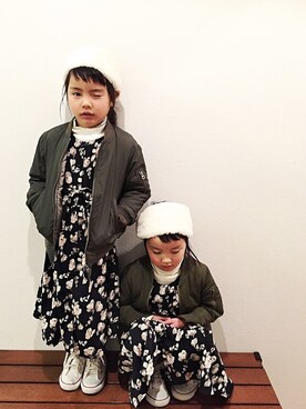 「petit main（プティマイン）のアイテム（MA-1）」を使った、riri×nanaさん（キッズ・100cm）の冬コーディネート