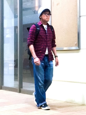 「アイテム（メッセンジャーバッグ、ブルー系）」を使った、*shu*さん（メンズ・171cm）の春コーディネート