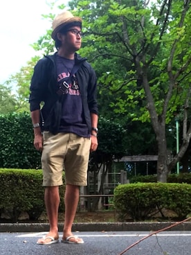 「麦わら帽子」｜「アイテム（ブルゾン）」を使った、*shu*さん（メンズ・171cm）の夏コーディネート