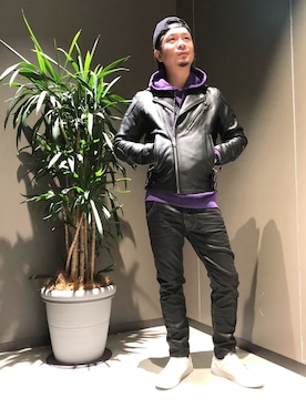 「ららぽーと富士見」｜「アイテム（ライダースジャケット）」を使った、TATSUMARUさん（メンズ・173cm）の冬コーディネート