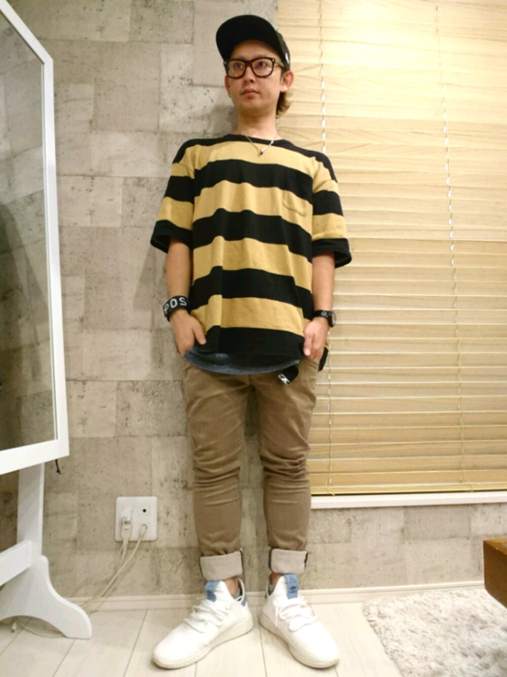 「ベージュコーデ、LEE、ビッグシルエット、スキニーパンツ、ボーダーTシャツ、PW TENNIS HU、NEW ERA、recs、メガネ男子」｜「NEW ERAのアイテム（キャップ、ブラック系）」を使った、Keisuuuuさん（メンズ・160cm）の夏コーディネートの1枚目の写真