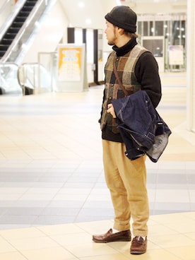 「BEAMS（ビームス）のアイテム（モカシン/デッキシューズ）」を使った、KENT BREAD HAT さん（メンズ・156cm）の冬コーディネート