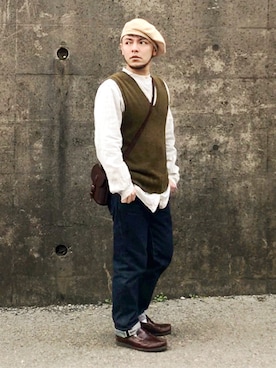 「オリーブ」｜「アイテム（ハンチング/ベレー帽）」を使った、KENT BREAD HAT さん（メンズ・156cm）の春コーディネート