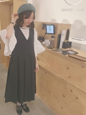 「アイテム（ハンチング/ベレー帽、グリーン系）」を使った、14+ あべのキューズモール店 スタッフさん（レディース・160cm）の夏コーディネート