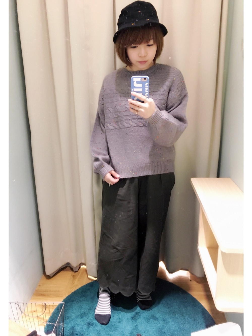 「niko and ...、ニコアンド、カラーネップ、ケーブルニット、ehka sopo、スカラップ、カーキ、pou dou dou、CA4LA、バケットハット」｜「ehka sopoのアイテム（ニット/セーター、グレー系）」を使った、ｃａｎｃａｎさん（レディース・158cm）の冬コーディネートの1枚目の写真