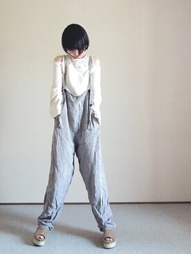 「ウェッジソール」｜「アイテム（オールインワン・サロペット）」を使った、ぺんぺんさん（レディース・168cm）の春コーディネート