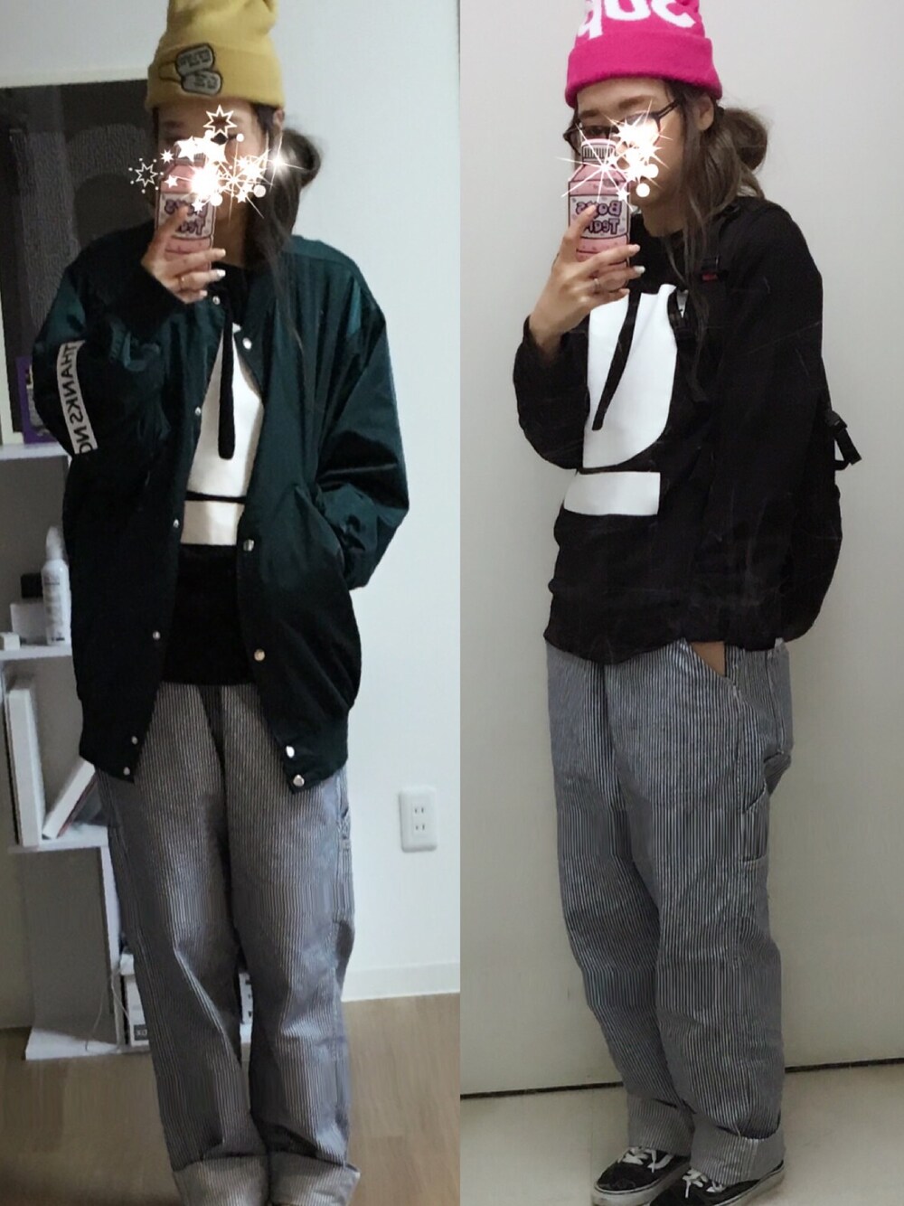 「シュプリーム、supreme、アンダーカバー、UNDER COVER、VANS、オーバーオール、サロペット、ニット帽、ビーニー」｜「UNDERCOVERのアイテム（スウェット、ブラック系）」を使った、adaaajoさん（レディース・166cm）の秋コーディネートの1枚目の写真