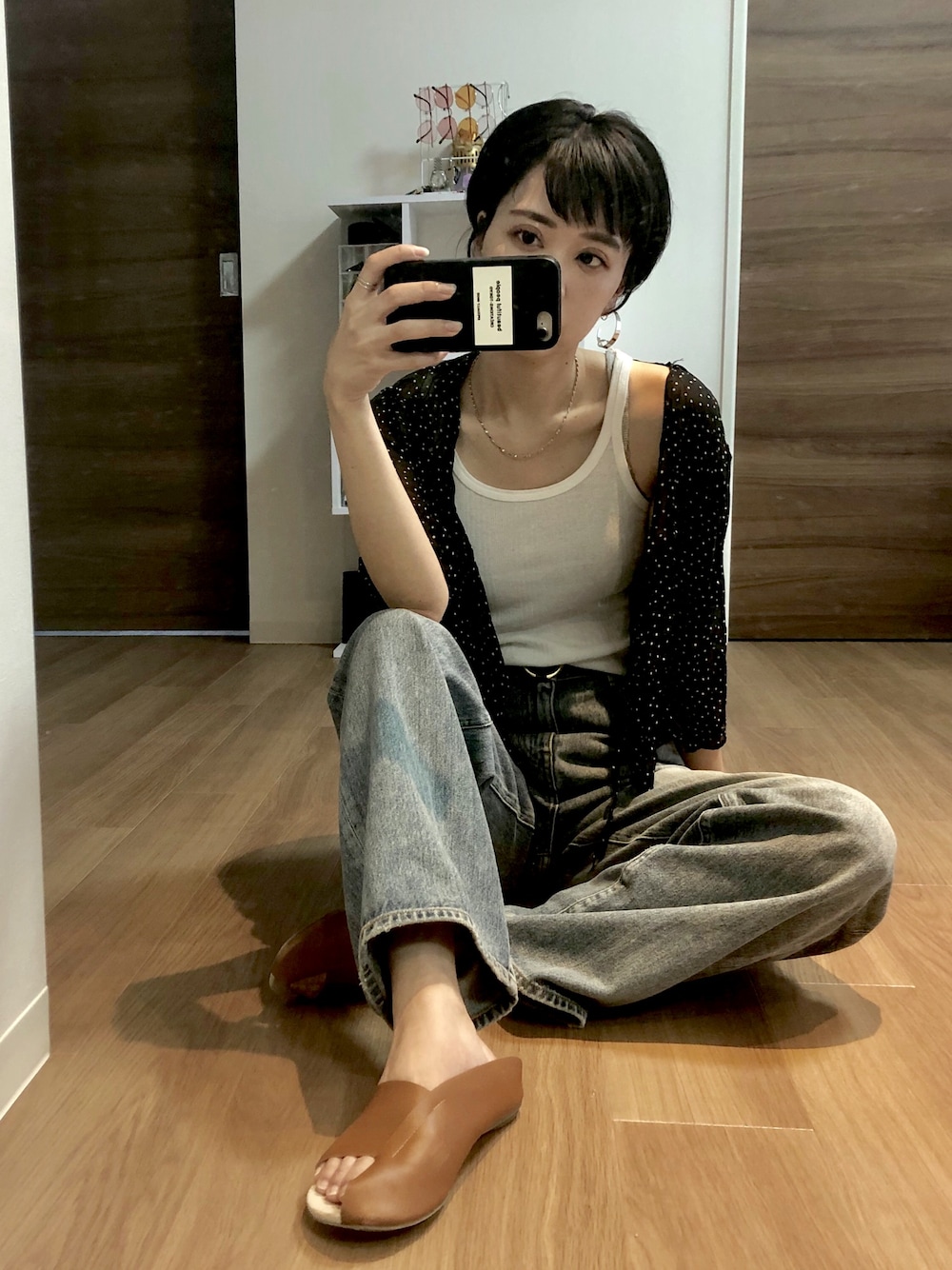 「TODAYFUL、レザーサンダル、ドットブラウス、シースルーブラウス、デニム、コクーンデニムパンツ、コクーンシルエット、タンクトップ、ROKU、rokubeauty&youth」｜「TODAYFULのTODAYFUL(トゥデイフル) "Chiffon Dot Blouse"シフォンドットブラウス／11710449（シャツ/ブラウス、ブラック系）」を使った、adaaajoさん（レディース・166cm）の夏コーディネートの1枚目の写真