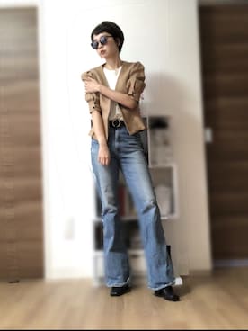 「フレアデニム」｜「アイテム（ノーカラージャケット）」を使った、adaaajoさん（レディース・166cm）の夏コーディネート