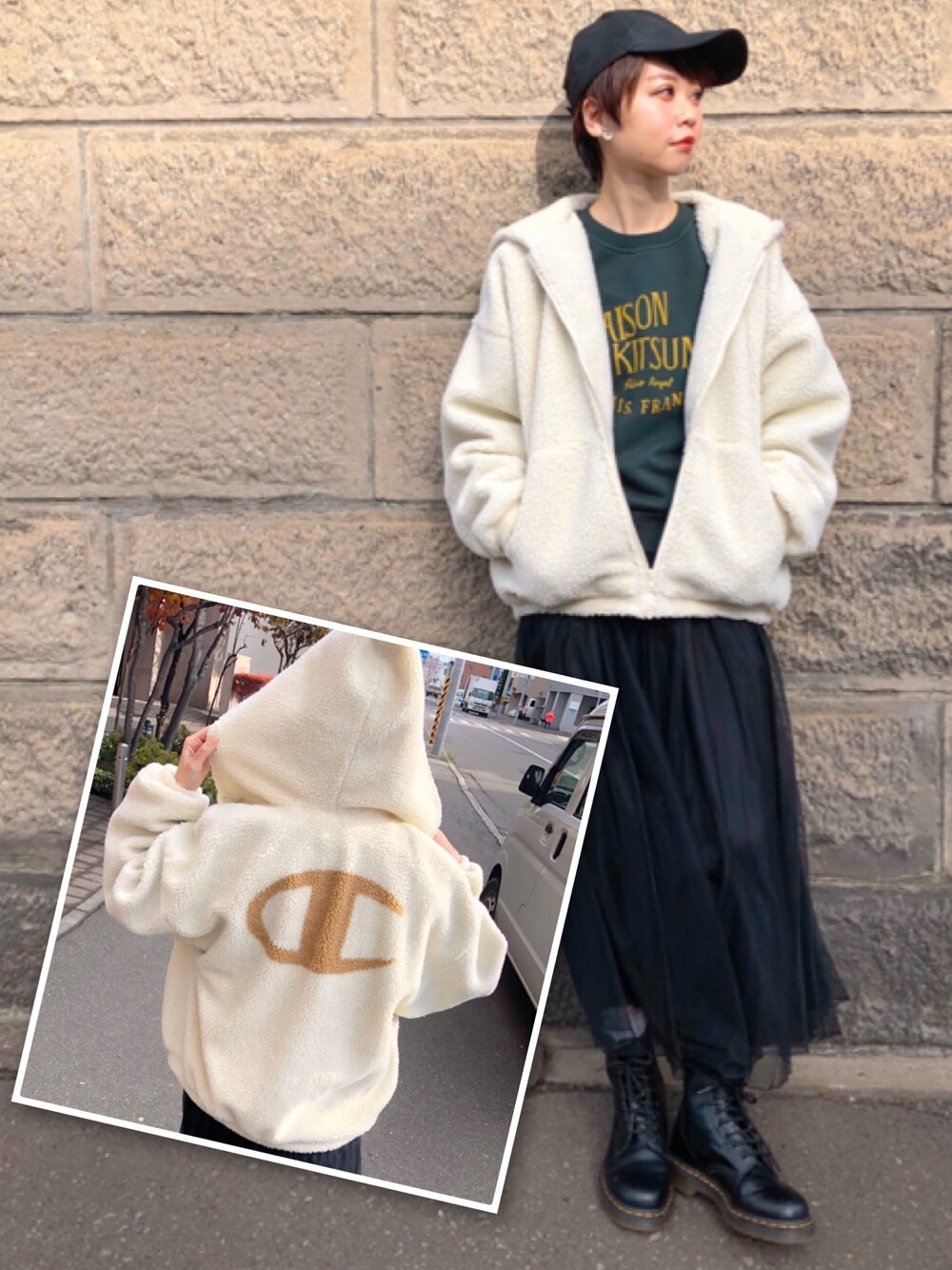 「Y-3、yohjiyamamoto、BEAMS、ボアジャケット、Champion、Ungrid、MAISON KITSUNE、スウェット、Dr.Martens、チュールスカート」｜「Y-3のY-3 CAP（キャップ、ブラック系）」を使った、adaaajoさん（レディース・166cm）の秋コーディネートの1枚目の写真
