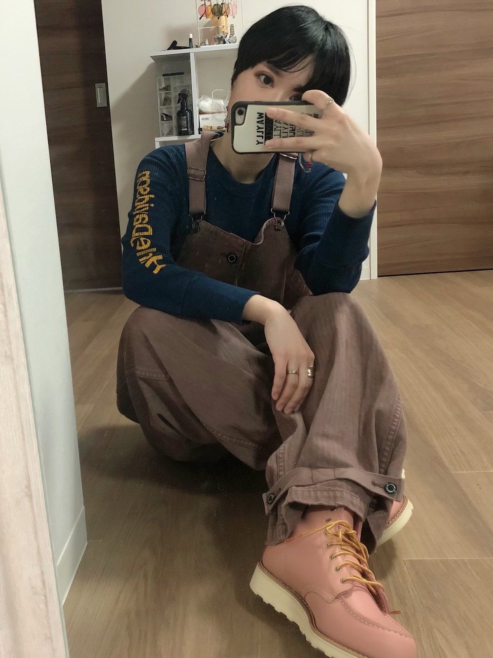 「RED WING、DAIRIKU、デッキパンツ、オーバーオール、古着、サーマル」｜「DAIRIKUのアイテム（オールインワン・サロペット、ピンク系）」を使った、adaaajoさん（レディース・166cm）の春コーディネートの1枚目の写真