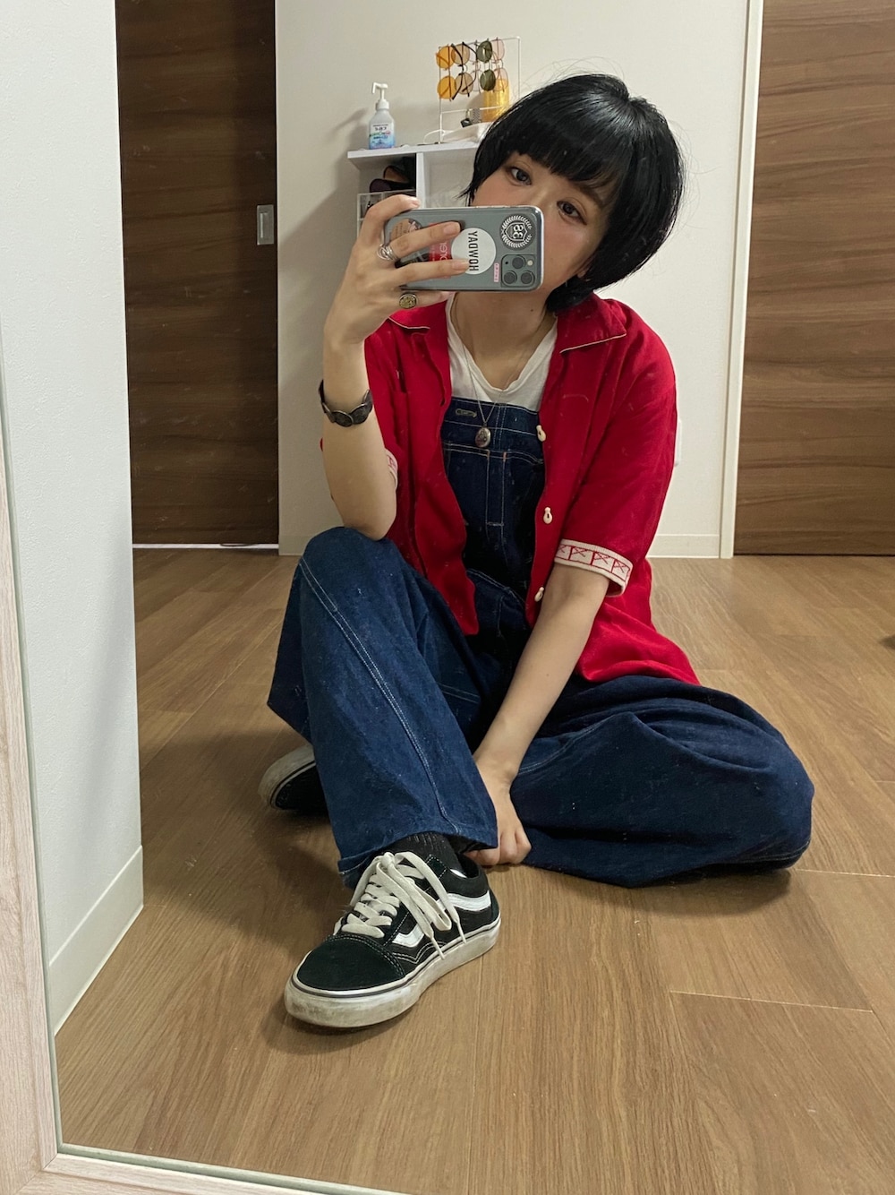 「ボーリングシャツ、ヴィンテージオーバーオール、payday、オーバーオール、古着、TODAYFUL、白Tシャツ、スニーカー、カジュアルコーデ、VANS」｜「古着のアイテム（サロペット/オーバーオール、ブルー系）」を使った、adaaajoさん（レディース・166cm）の夏コーディネートの1枚目の写真